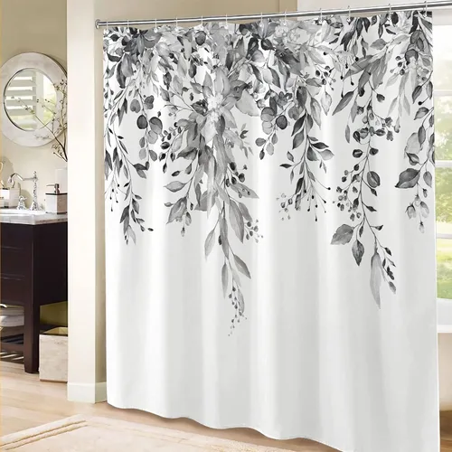 Miniatura 4 de kampdream Cortina de ducha de plantas de eucalipto gris y blanco, hojas de acuarela en la parte superior, cortina de baño botánica, 72 x 72 pulgadas