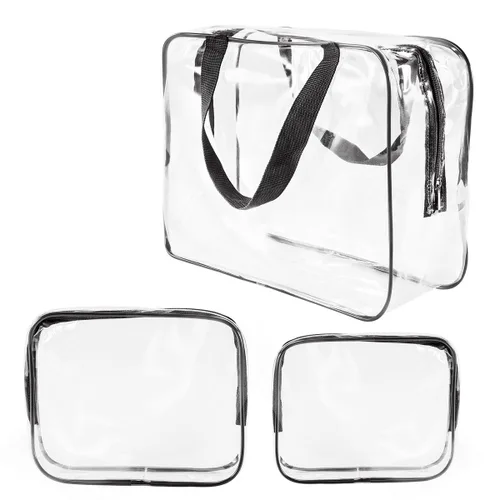 Miniatura 17 de Kit de 3 piezas de bolsas de artículos de aseo de viaje de PVC cristalino para mujeres y hombres, organizador de embalaje de vinilo impermeable