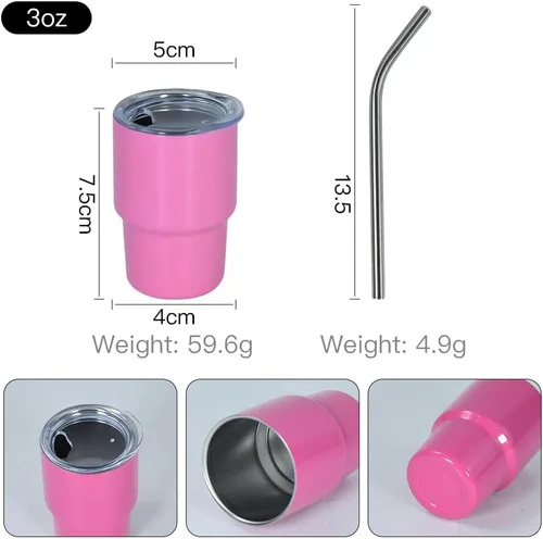 Miniatura 4 de AGH Mini vaso de shot de 3 onzas con popote y tapa, de acero inoxidable de colores, vasos de sublimación de doble pared con aislamiento al vacío, 6