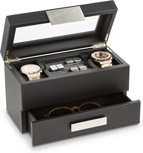 Miniatura 11 de Caja de reloj con cajón de Valet para hombre - organizador de exhibición de la caja de reloj de lujo de 6 ranuras, diseño de fibra de carbón