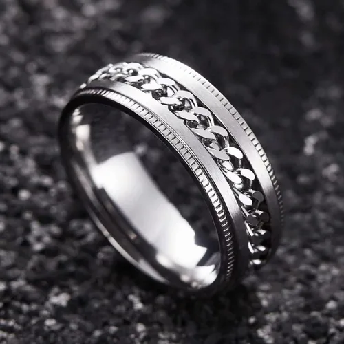 Miniatura 82 de King Will - Anillo antiestrés de acero inoxidable 316L para hombres y mujeres, con cadena decorativa giratoria, 8 mm de ancho, anillo de boda