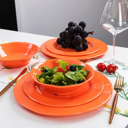 Miniatura 4 de LEHAHA Juego de vajilla de melamina naranja, juego de 12 piezas de vajilla de cocina, platos y cuencos, juego de vajilla ligera e irrompible para 4