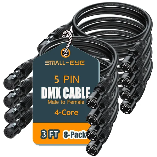 SMALL-EYE Cable DMX de 5 pines de 3 pies, paquete de 8 – Cable de iluminación de escenario macho a hembra de 4 núcleos DMX512 (3 pies)