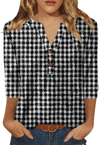 Miniatura 19 de Dimur Camisetas de manga 3/4 con cuello en V y botones para mujer, traje casual de negocios, camiseta básica de verano 2025