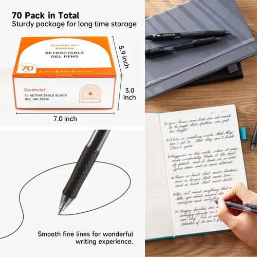 Miniatura 3 de Shuttle Art Bolígrafos de gel negros, paquete de 70 bolígrafos retráctiles de tinta de gel de punta media, escritura suave con agarre cómodo
