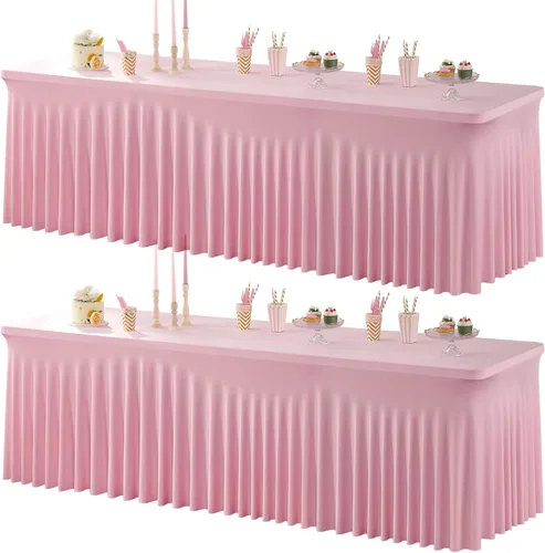 Paquete de 2 manteles de spandex para mesas rectangulares de 8 pies, mantel elástico rosa de 8 pies, manteles ajustados, falda de mesa para fiestas,