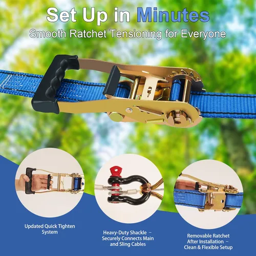 Miniatura 5 de Kit de tirolesa de 160 pies para niños y adultos, hasta 360 libras - Carrito extraíble actualizado, asiento reforzado, arnés de seguridad, tensado