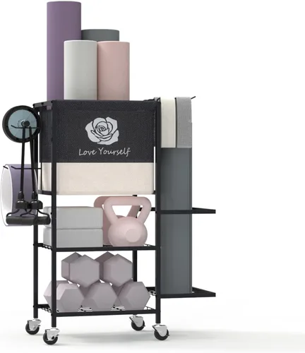 Estante de Almacenamiento para Esterilla de Yoga, Estante de Almacenamiento para Gimnasio en Casa, Organizador de Almacenamiento de Equipo de Negro