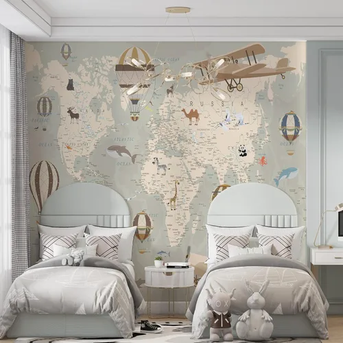 Miniatura 9 de Papel tapiz de mapa del mundo para niños con animales, calcomanías educativas para despegar y pegar, murales de guardería para bebés, niños