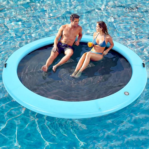 Miniatura 32 de 6-12FT Round Inflatable Floating Dock, Sunchill Float Ring, Water Hammock Tanning Pool Floats with Woven Fabric, Manual Pump for Quick Azul