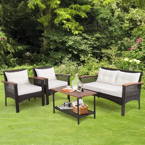 Miniatura 3 de Tangkula Patiojoy - Juego de muebles de patio de 4 piezas, madera de acacia para exteriores, juego de conversación de mimbre PE con cojines, juego