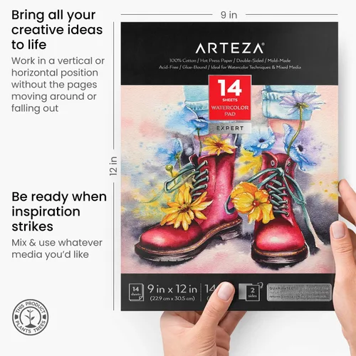 Miniatura 3 de ARTEZA Papel de acuarela, 14 hojas, bloc de 9x12 pulgadas, 140lb/300gsm, 100% algodón, doble cara, prensado en caliente, papel de arte libre de ácido