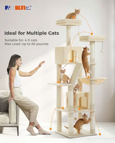 Miniatura 3 de PEQULTI Árbol para gatos de interior de 71 pulgadas con hamaca grande, torre alta para gatos grandes con condominio para 2 gatos, 2 perchas