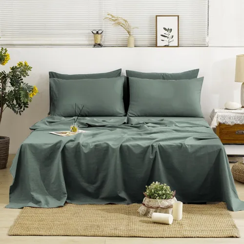 TUMEI - Juego de ropa de cama de lino de 4 piezas, tamaño king, verde, suave, transpirable y duradero, con sábana ajustable de bolsillo profundo,
