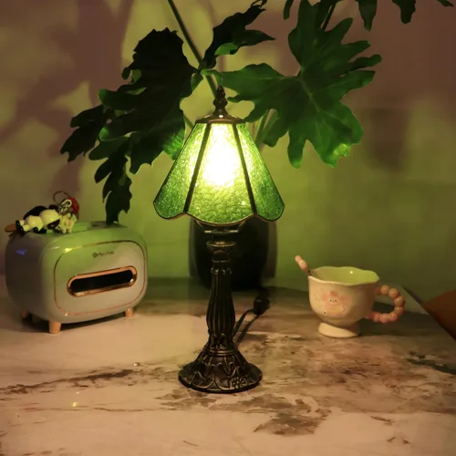 Miniatura 7 de Small Tiffany Table Lamp Grass Green Rippled Stained Glass Desk Lamps 6X6X14 Inch Bronze Resin Base Antique Mini Accent Light
