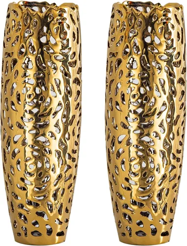 Juego de 2 jarrones modernos dorados para suelo alto, decoración calada coral de 16 pulgadas para suelo, jarrón dorado grande para sala de estar,