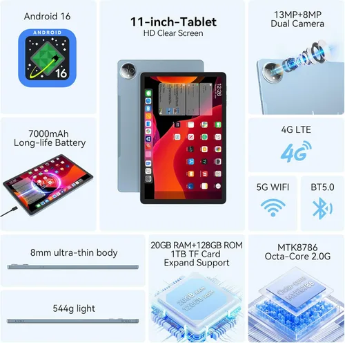 Miniatura 2 de Tablet de 11 pulgadas Android 15, última actualización de 2026, 128 GB ROM 16 GB RAM, tabletas 4G LTE, 5G WiFi+Celular, Octa-Core MTK8786, cámara