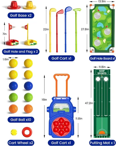 Miniatura 6 de KINGTOP Juego de golf para niños pequeños con tapete de putting y tabla de cornhole, palos de golf para niños de 3 a 5 años con 10 pelotas, 4 palos