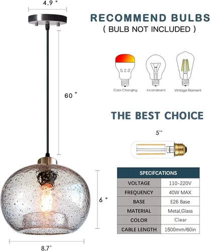 Miniatura 6 de CASAMOTION Lámpara colgante de techo de vidrio soplado a mano, luz colgante rústica moderna, vidrio transparente con semillas y polvo de arena