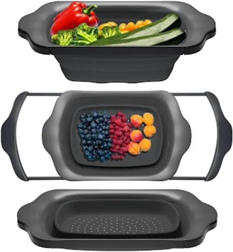 Comfify Colador sobre el fregadero con asas, elegante colador de cocina de plástico negro para pasta, verduras y frutas, diseño que ahorra espacio,