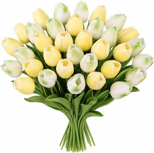 Miniatura 13 de MACTING - 30 flores artificiales de tulipán, tulipanes falsos de tacto real, flores artificiales de primavera, tulipanes de imitación para arreglos