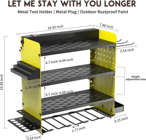 Miniatura 6 de Organizador de herramientas eléctricas con estación de carga, soporte de pared para taladro de 4 niveles, estante metálico para garaje con regleta