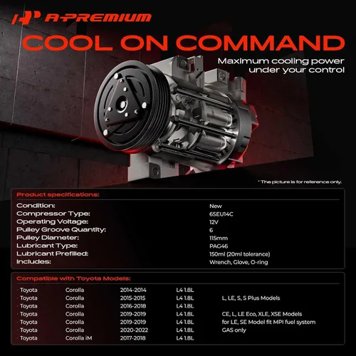 Miniatura 2 de A-Premium Compresor de Aire Acondicionado AC con Embrague Compatible con Toyota Corolla 1.8L 2014-2022, Corolla iM 1.8L 2017-2018