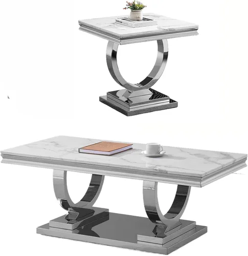 Miniatura 17 de Juego de 2 mesas de café de mármol, juego de mesa de sala de estar de 2 piezas que incluye 1 mesa auxiliar y 1 mesa auxiliar, moderna mesa auxiliar