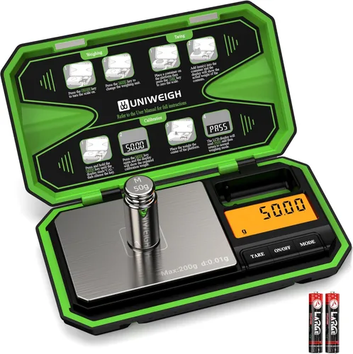UNIWEIGH Báscula de bolsillo digital 200g/0.01g, báscula digital en gramos, báscula para joyería, báscula para monedas con pesas de calibración de