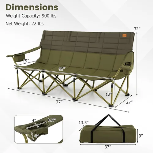 Miniatura 3 de Goplus Silla de campamento para 3 personas para adultos, silla plegable de gran tamaño para exteriores baja con portavasos y acolchado grueso, silla