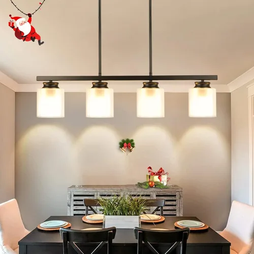 DLLT - Lámpara colgante de isla de cocina, 4 luces de metal para granja, iluminación colgante de techo vintage con pantalla de vidrio para comedor,