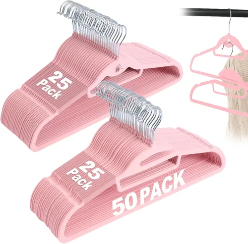 Miniatura 10 de Perchas de Terciopelo Negro Paquete de 50, en Forma de S y Apilables de Fieltro Antideslizantes con Gancho Giratorio de 360°, Perchas Flocadas Ultra