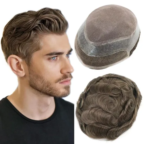 Miniatura 23 de HAPPY&CC Toupee - Piezas de cabello humano con encaje frontal suizo para hombre, parte superior fina mono con poliuretano alrededor de sistema de #1B