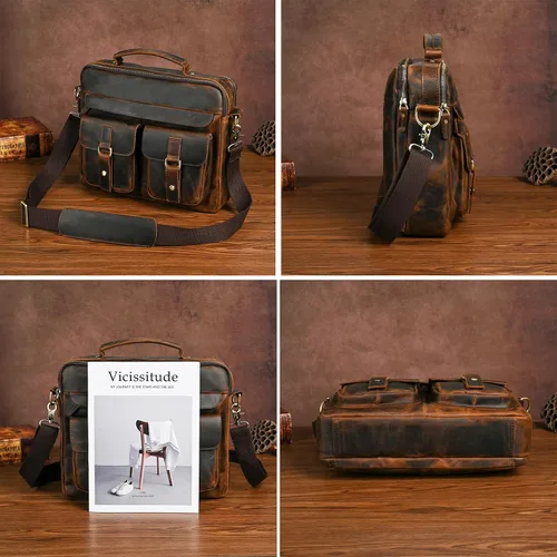 Miniatura 5 de Bolsa de lona resistente al agua + cuero para negocios, maletín de 14 pulgadas, para laptop, oficina, cartera, para hombres FBB207