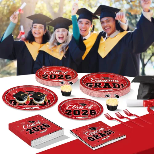 Miniatura 8 de QZYL Juego de 200 suministros de graduación 2026, platos de graduación rojos, servilletas, platos de postre y tenedores de plástico para 50