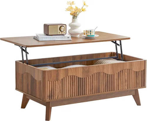 BERRYMERRY Mesa de centro elevable con almacenamiento oculto, mesa de centro acanalada de granja con perfil ondulado, mesa central rectangular con