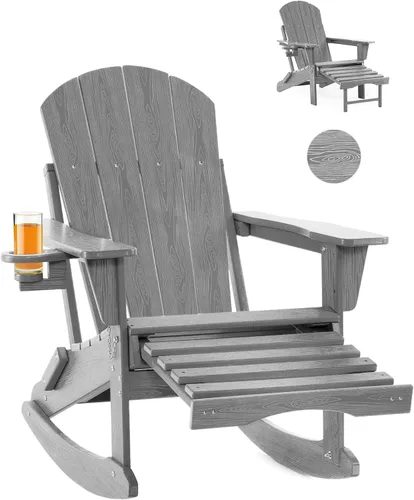 Miniatura 18 de Mecedora plegable Adirondack, silla de patio multifuncional 4 en 1 con otomana retráctil, silla de exterior con textura de madera, silla de césped