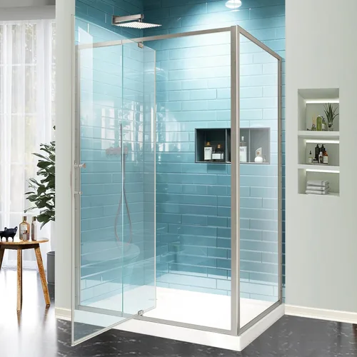 Miniatura 33 de GroGro 56-60" W x 71" H Mampara de ducha giratoria de vidrio semisin marco, vidrio templado transparente de 1/4" (6mm) SGCC, acabado cromo, Cromado