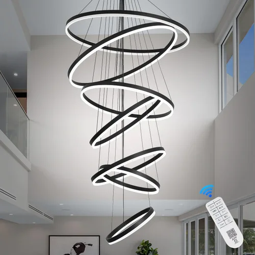 Miniatura 10 de Candelabro LED moderno de 5 anillos, color negro, regulable, de techo alto, para comedor con control remoto para vestíbulo, sala de estar, entrada