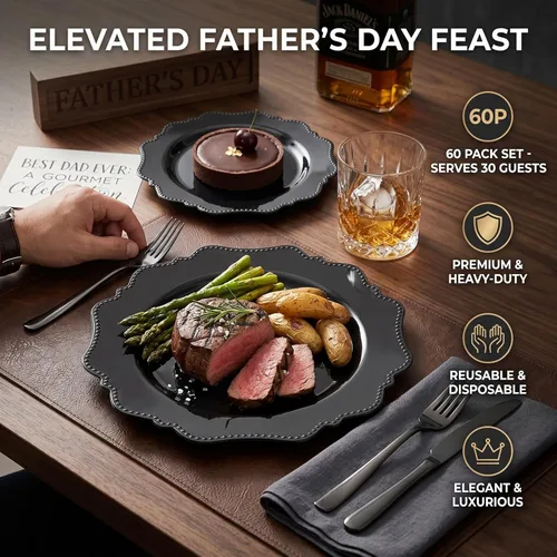 Miniatura 2 de COLOSUS Juego de 60 platos de plástico negro, platos desechables negros resistentes para fiestas, incluye 30 platos llanos de 10.5 pulgadas y 30