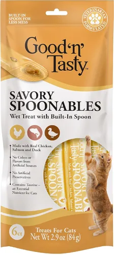 Miniatura 16 de Good 'n' Tasty Cucharas sabrosas con pato real, carne de res y conejo, tubo de 6 unidades, golosinas húmedas exprimibles de triple sabor para gatos