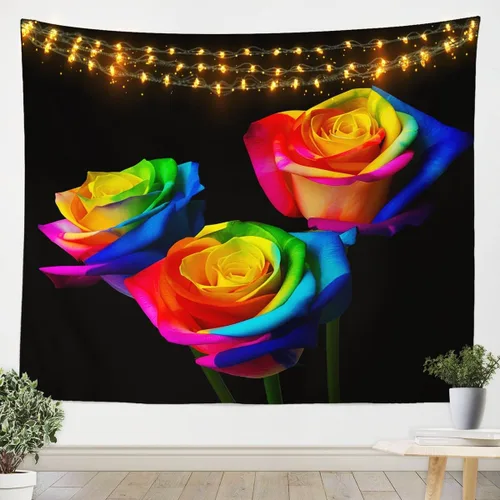 Tapiz de rosas de arco iris, manta de pared floral con flores para colgar en la pared para niños, niñas y mujeres, ramo colorido de decoración de
