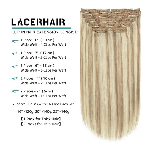 Miniatura 2 de Lacer Extensiones de cabello humano real con clip, color castaño claro, con reflejos rubio platino, grueso, sedoso y lacio, extensiones de cabello