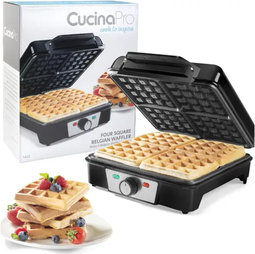 CucinaPro Máquina para hacer gofres belgas de cuatro cuadrados, aparato de cocina extra grande de acero inoxidable con placas de hierro