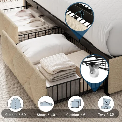Miniatura 4 de GalnFu Base de cama de tamaño matrimonial con 4 cajones de almacenamiento, plataforma tapizada con estación de carga, moderna cabecera de Beige