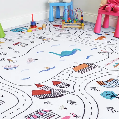 Miniatura 10 de Estmy Alfombra lavable de 5x7 pies para guardería, linda alfombra de juego de bosque para niños y niñas, tapete de juego neutro y suave para gatear