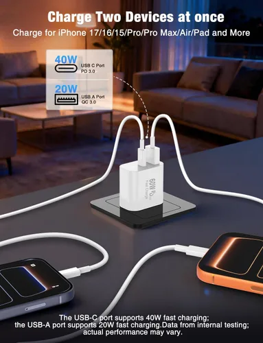Miniatura 3 de Cargadores de carga rápida para iPhone 15 y 16, paquete de 20 cargadores de pared USB C de 20 W para iPhone 16 Pro Max con 2 cables USB C a C de 6