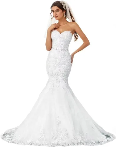 Vestido de novia formal sin tirantes con encaje, largo de sirena para mujer 2019 WD162
