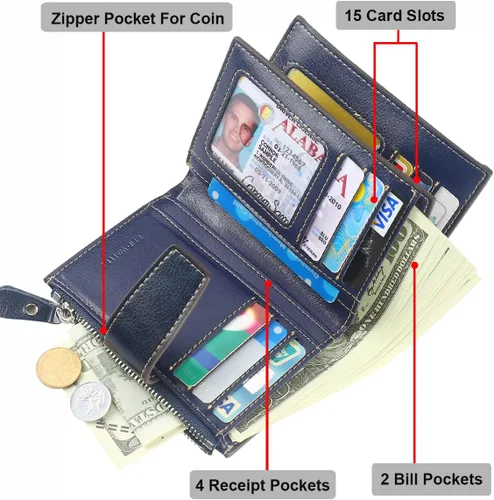 Miniatura 4 de Lavemi Pequeña cartera compacta para mujer, con bloqueo RFID, de piel auténtica, plegable, con ventanas de identificación