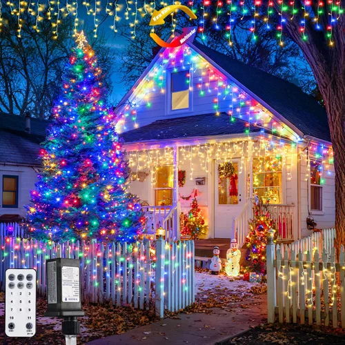 Miniatura 20 de JMEXSUSS 400 luces LED de Navidad de carámbano de 38.8 pies con control remoto, tira de luces multicolor para exteriores enchufables, 8 modos